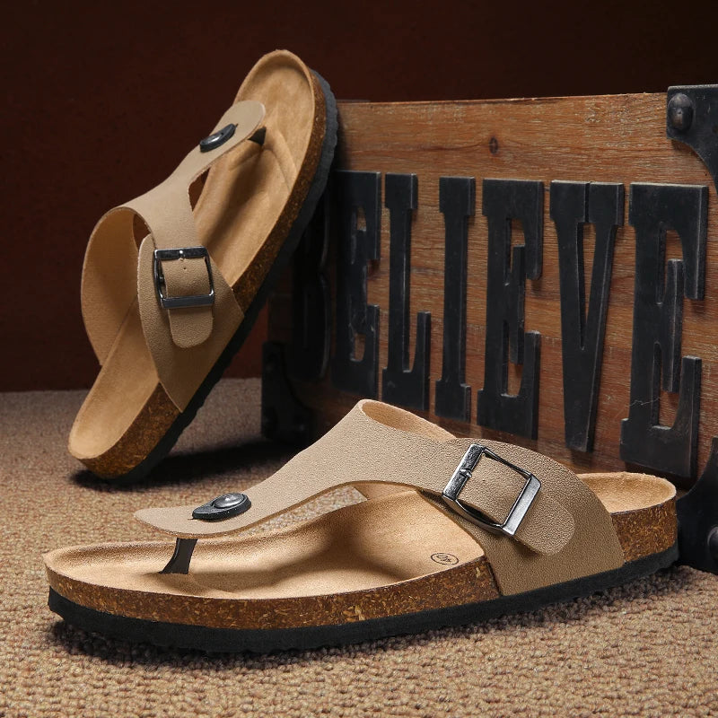 Men's Cork Footbed Thong Sandals with Buckle Strap Casual Summer Beach Slides