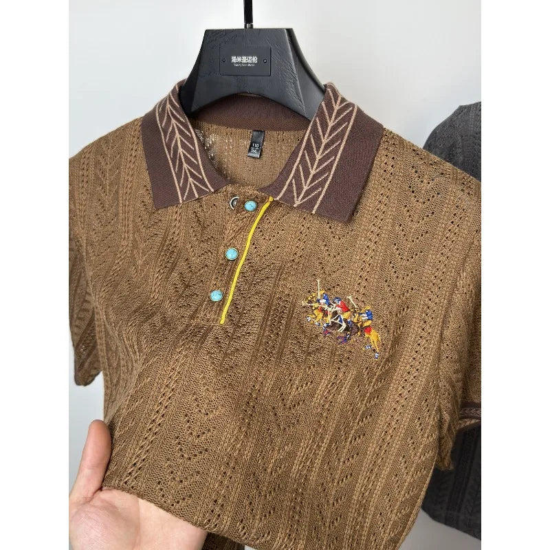 Men's Luxury Jacquard Knit Polo Shirt Short Sleeve Embroidered Lapel Summer Top