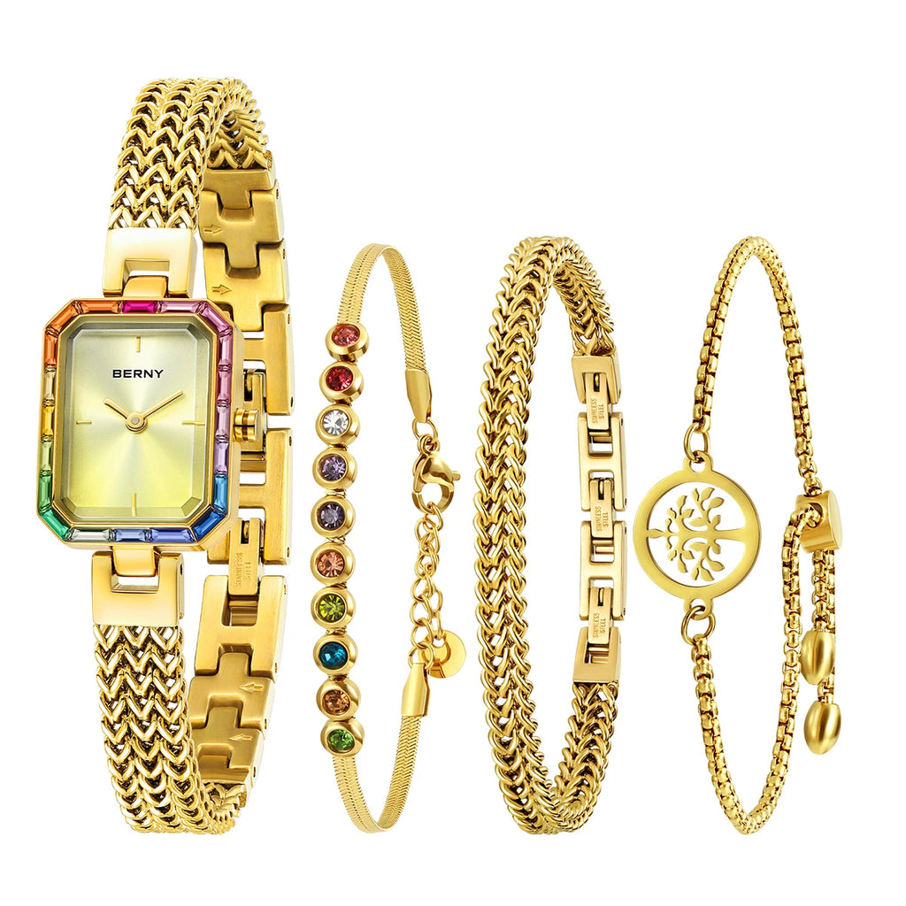 Women’s Gold Rectangle Quartz Watch & Bracelet Set with Multicolor Stones