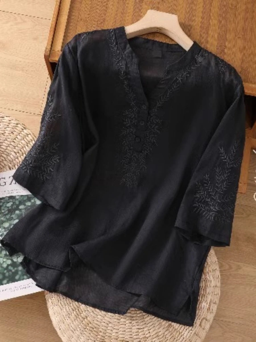 Chic YC Women's Embroidery V-Neck Half Sleeve Blouse Loose Summer Casual Boho Style Shirt