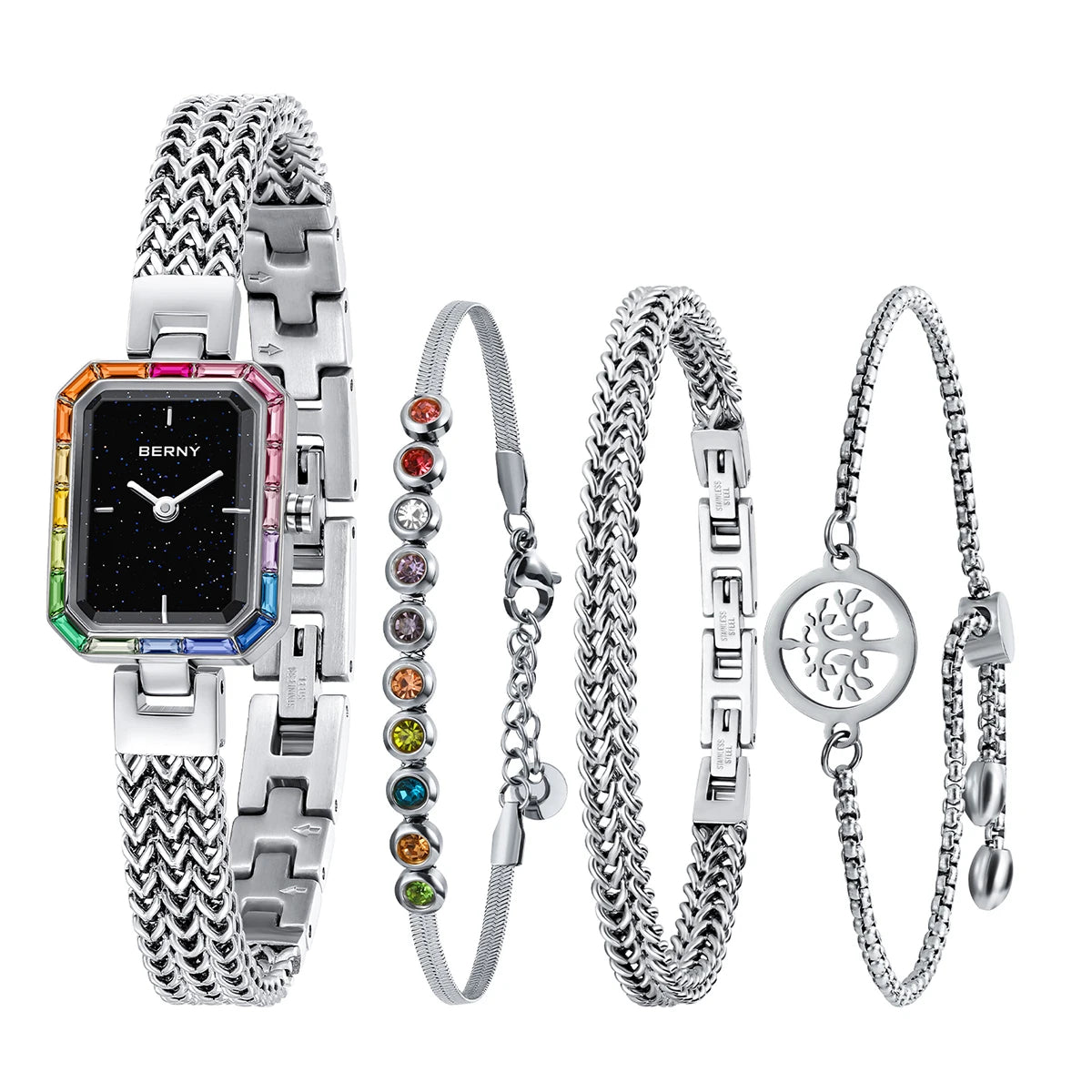 Women’s Gold Rectangle Quartz Watch & Bracelet Set with Multicolor Stones