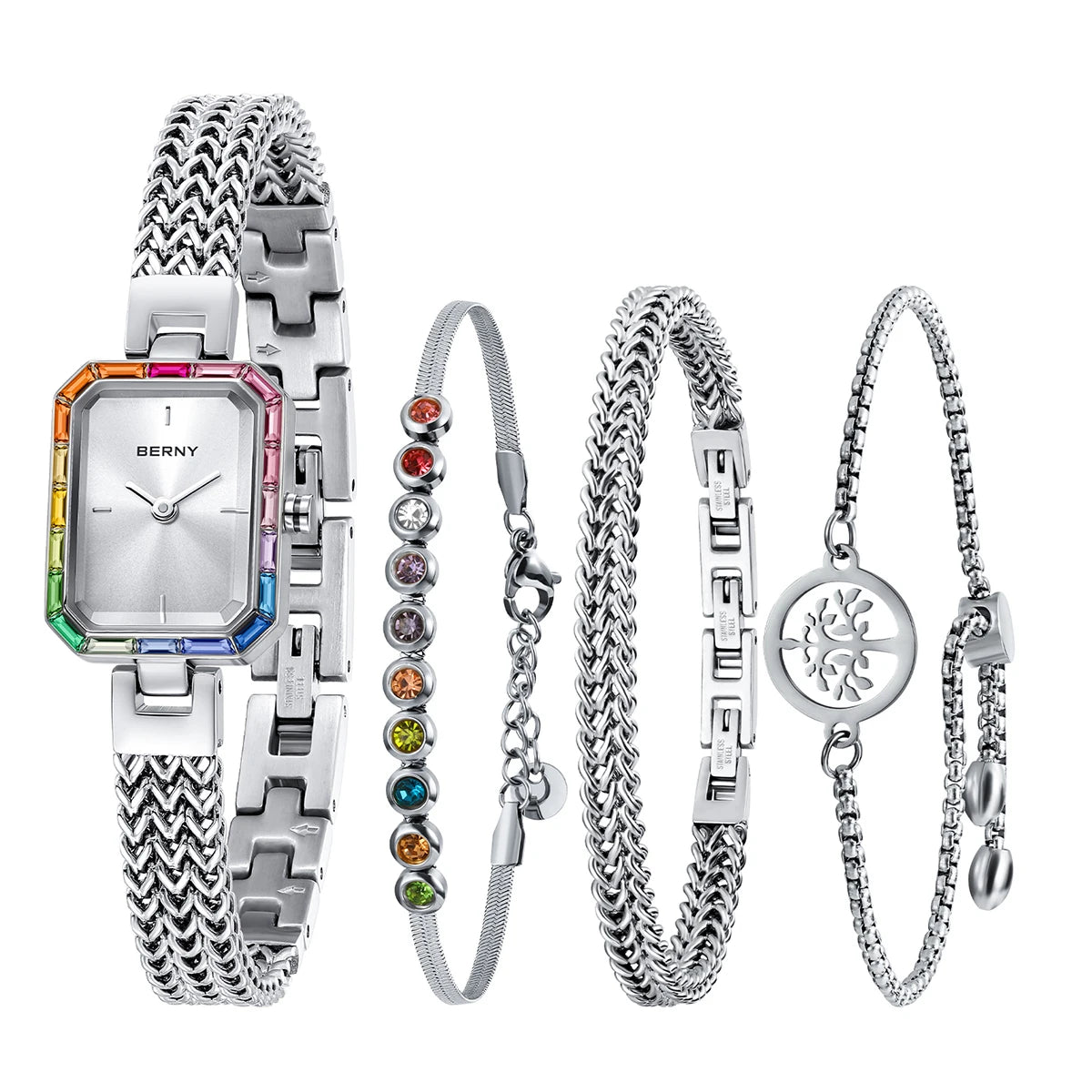 Women’s Gold Rectangle Quartz Watch & Bracelet Set with Multicolor Stones