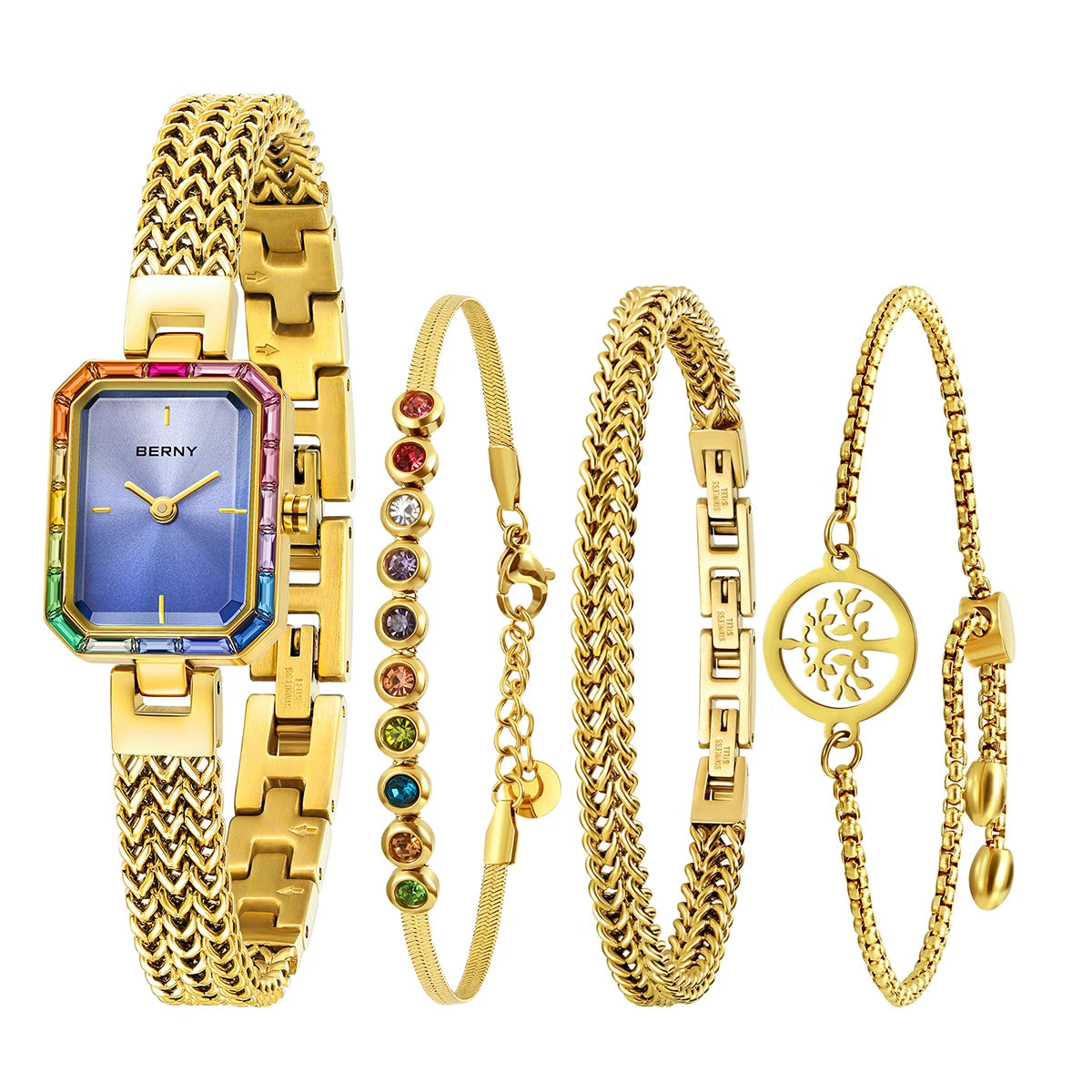 Women’s Gold Rectangle Quartz Watch & Bracelet Set with Multicolor Stones