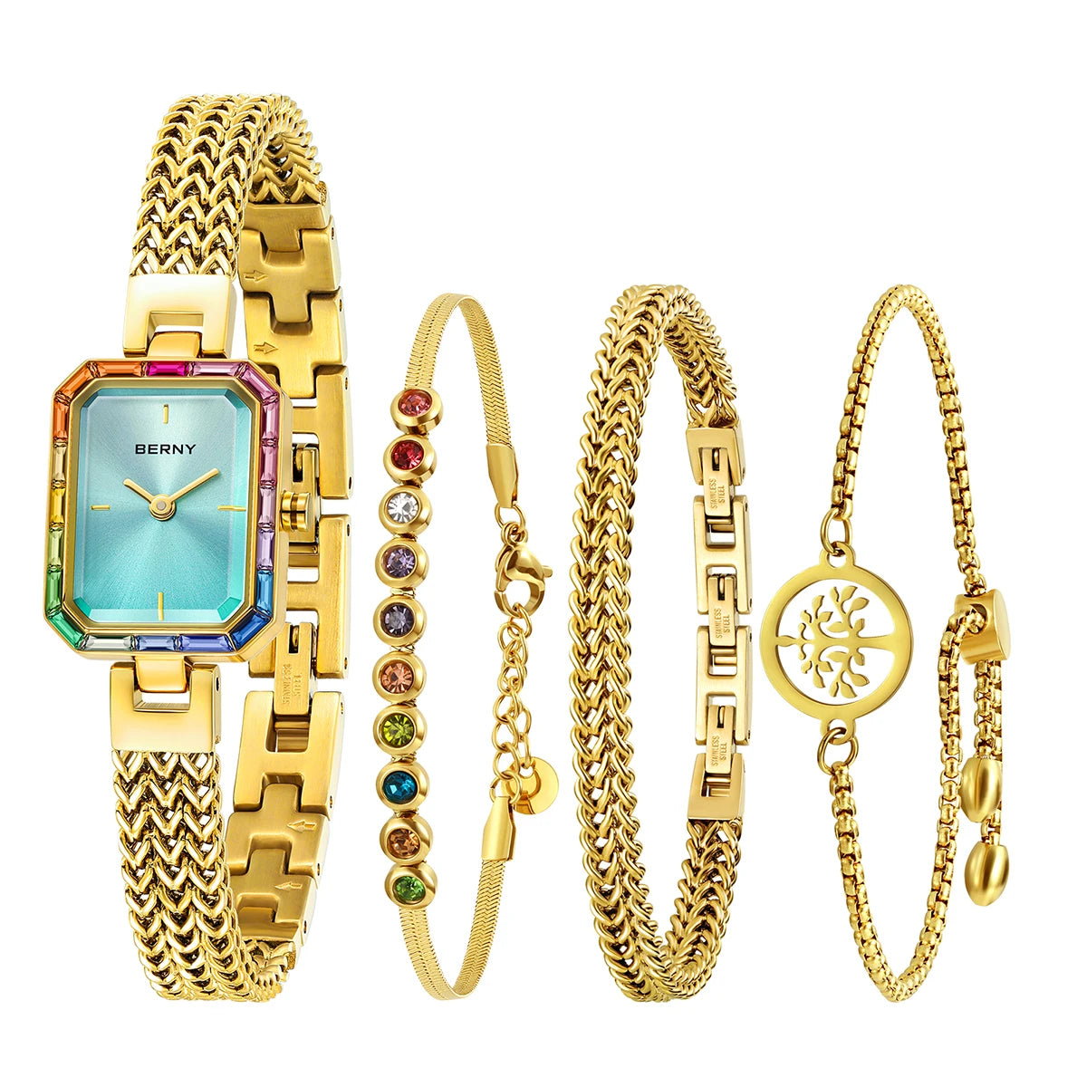 Women’s Gold Rectangle Quartz Watch & Bracelet Set with Multicolor Stones