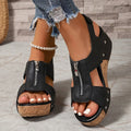 Women’s Wedge Sandals Front Zipper Cutout Open Toe Ankle Strap Cork Platform Summer Shoes