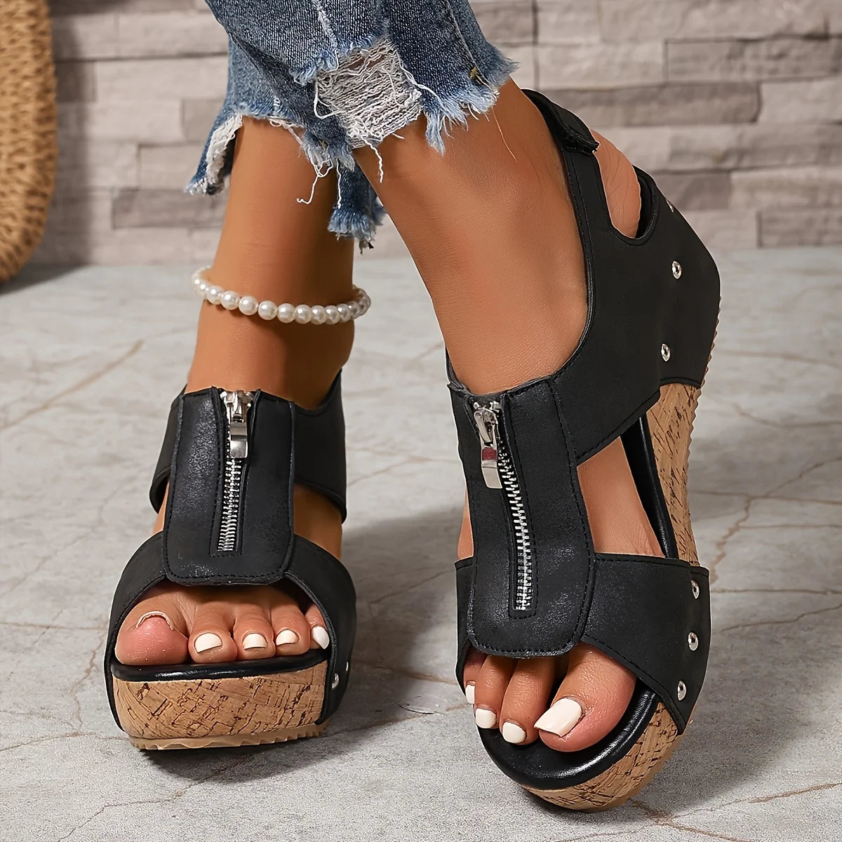 Women’s Wedge Sandals Front Zipper Cutout Open Toe Ankle Strap Cork Platform Summer Shoes