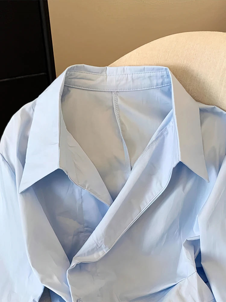 Women's White Irregular Polo Shirt Long Sleeve Elegant Casual Blouse