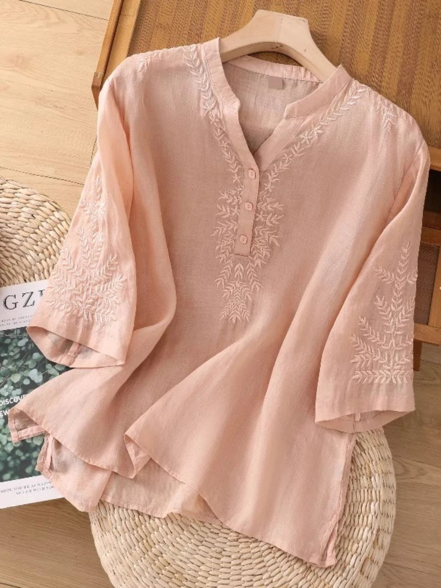 Chic YC Women's Embroidery V-Neck Half Sleeve Blouse Loose Summer Casual Boho Style Shirt
