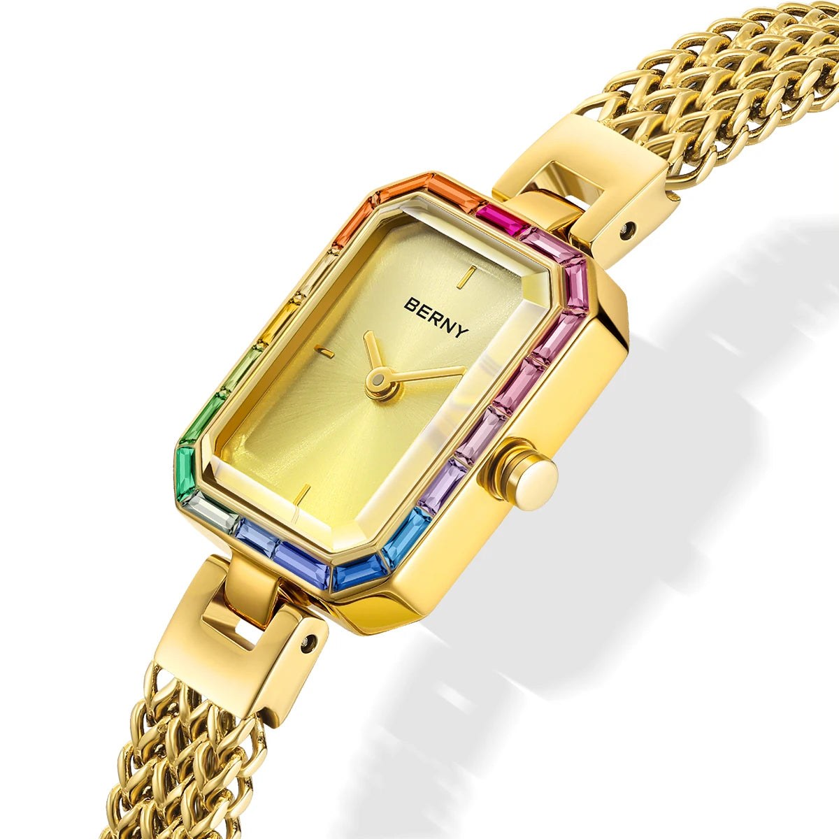 Women’s Gold Rectangle Quartz Watch & Bracelet Set with Multicolor Stones