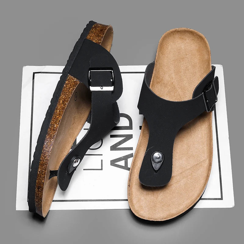 Men's Cork Footbed Thong Sandals with Buckle Strap Casual Summer Beach Slides