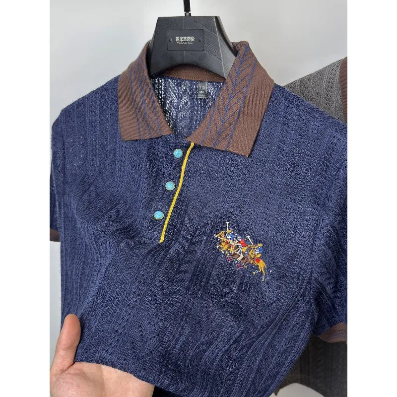 Men's Luxury Jacquard Knit Polo Shirt Short Sleeve Embroidered Lapel Summer Top