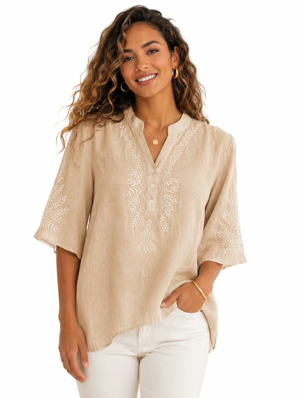 Chic YC Women's Embroidery V-Neck Half Sleeve Blouse Loose Summer Casual Boho Style Shirt