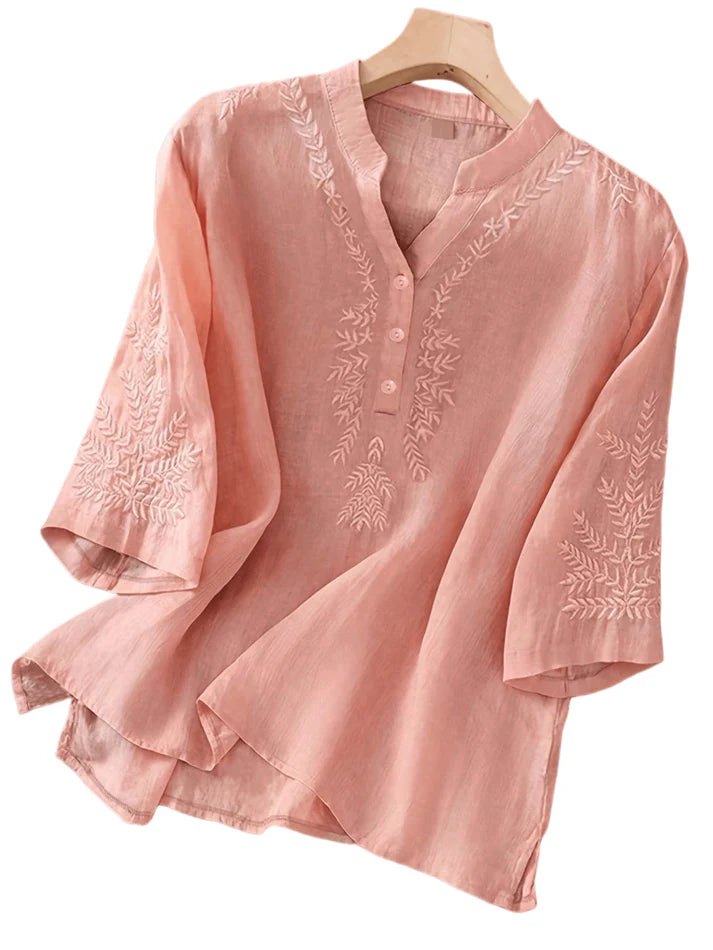 Chic YC Women's Embroidery V-Neck Half Sleeve Blouse Loose Summer Casual Boho Style Shirt