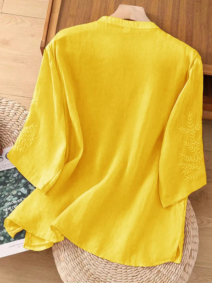 Chic YC Women's Embroidery V-Neck Half Sleeve Blouse Loose Summer Casual Boho Style Shirt
