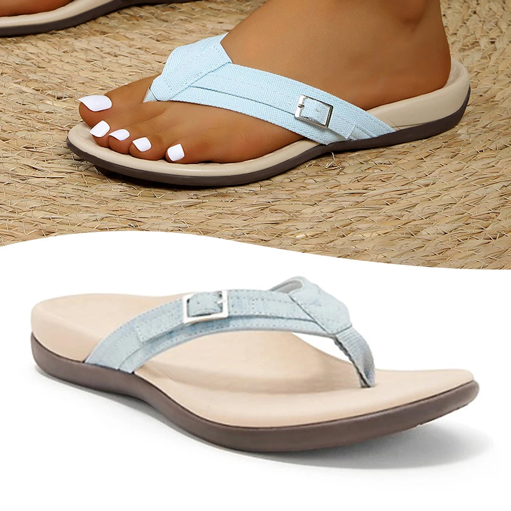 Women’s Light Blue Thong Sandals with Buckle Strap Casual Summer Beach Flip Flops