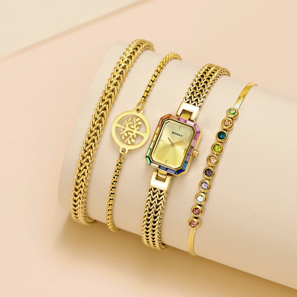 Women’s Gold Rectangle Quartz Watch & Bracelet Set with Multicolor Stones