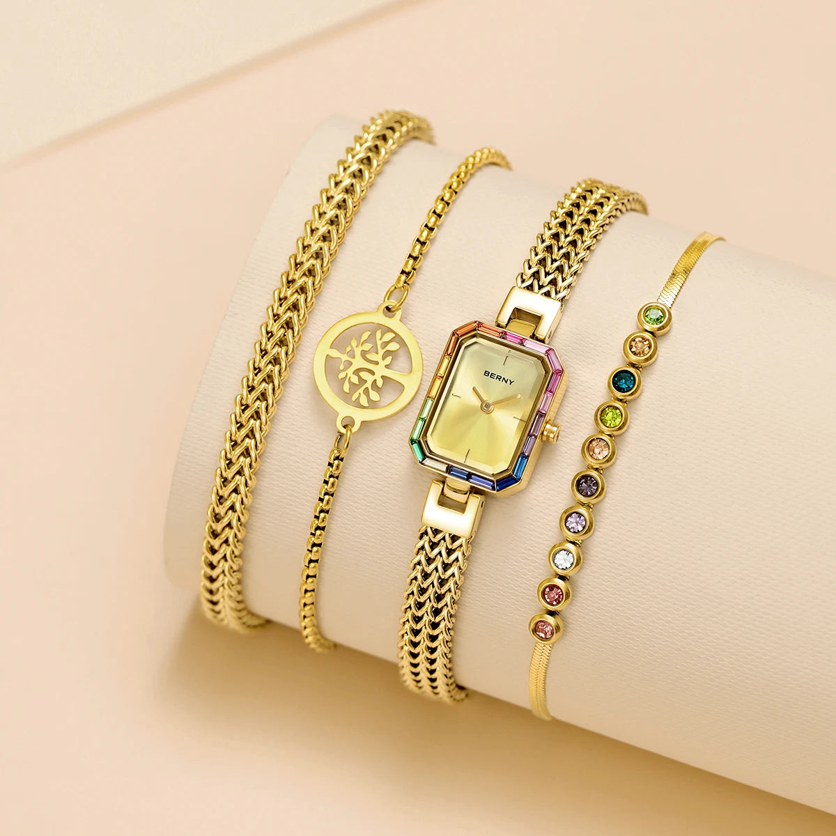 Women’s Gold Rectangle Quartz Watch & Bracelet Set with Multicolor Stones