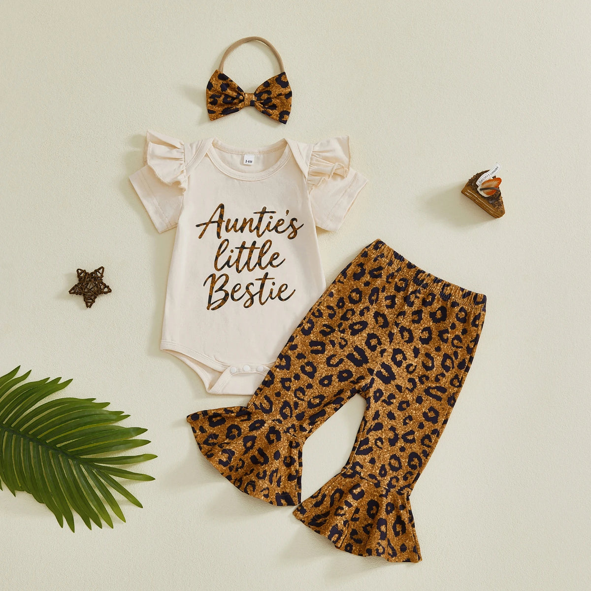 Baby Girl Leopard Outfit Set, Letter Romper, Flare Pants & Bow Headband