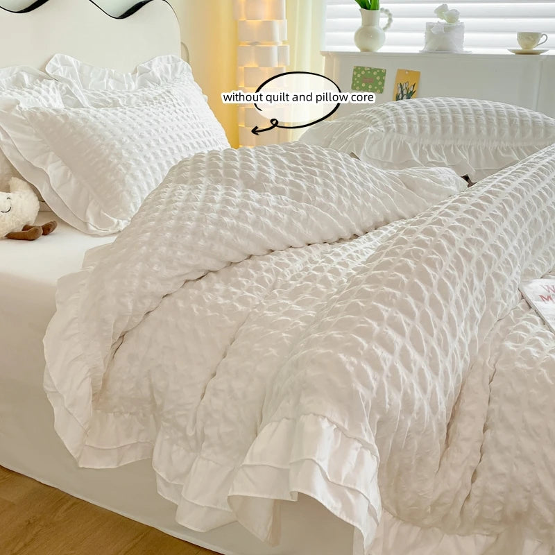 Lace Seersucker Duvet Cover Set with 2 Pillowcases Soft Bedding Set for Bedroom