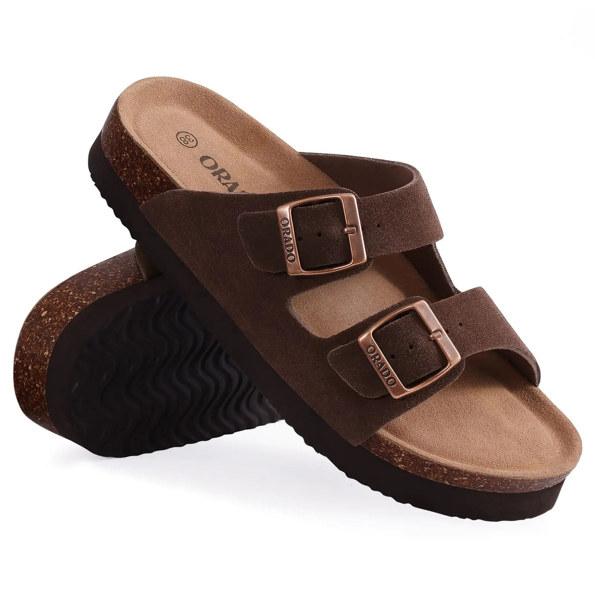 Unisex Brown Suede Cork Sandals, Double Buckle Flat Slides, Casual Summer Shoes
