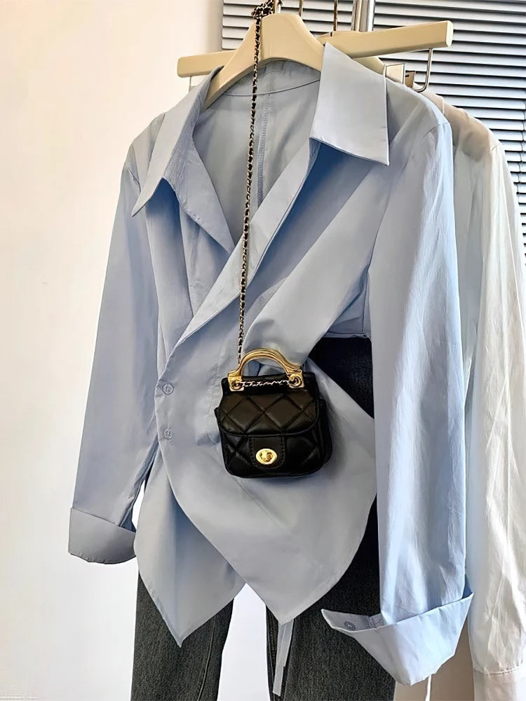 Women's White Irregular Polo Shirt Long Sleeve Elegant Casual Blouse
