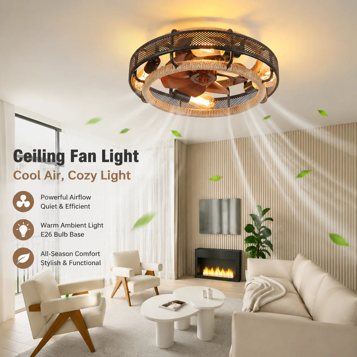 Lantern Style Ceiling Fan Light with Remote Control, Silent Invisible Fan for Bedroom
