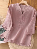 Chic YC Women's Embroidery V-Neck Half Sleeve Blouse Loose Summer Casual Boho Style Shirt