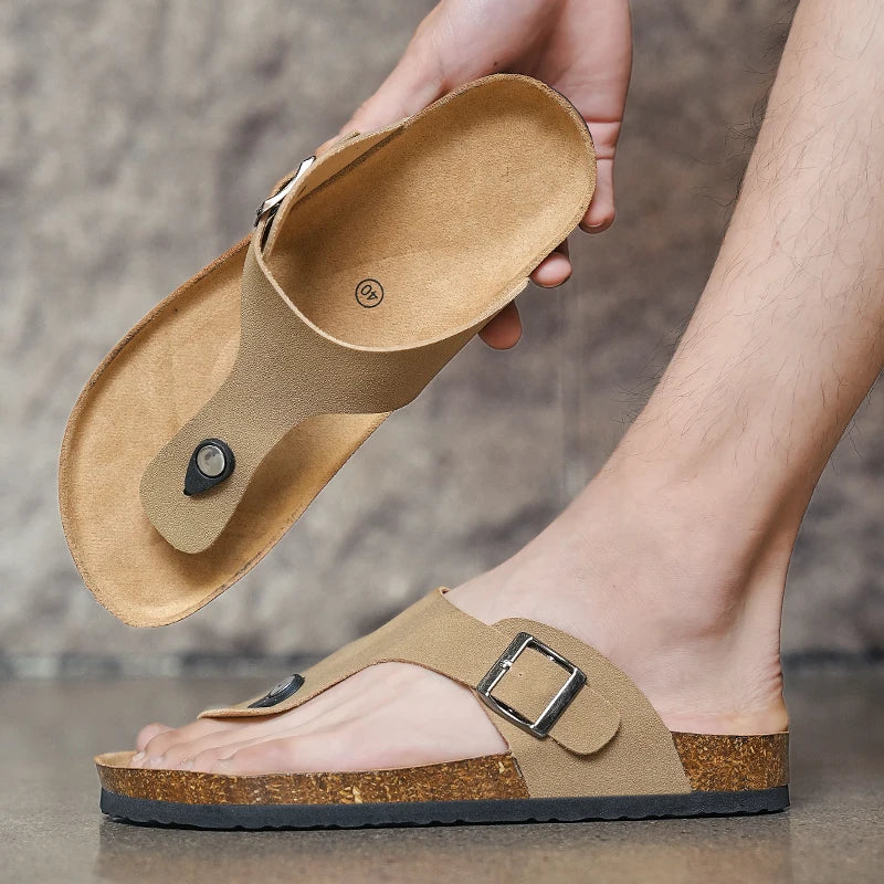 Men's Cork Footbed Thong Sandals with Buckle Strap Casual Summer Beach Slides
