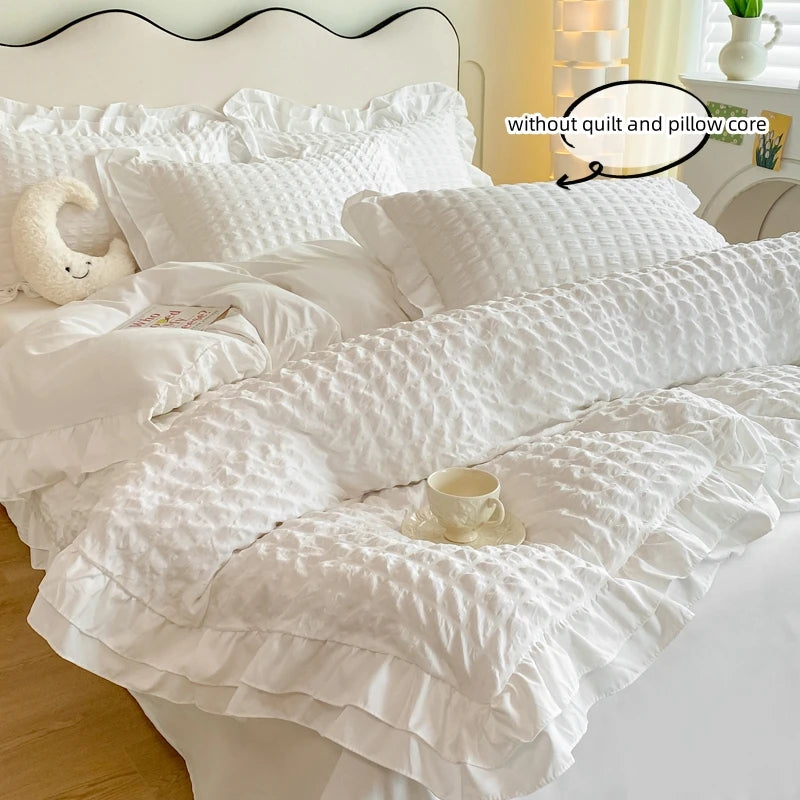 Lace Seersucker Duvet Cover Set with 2 Pillowcases Soft Bedding Set for Bedroom
