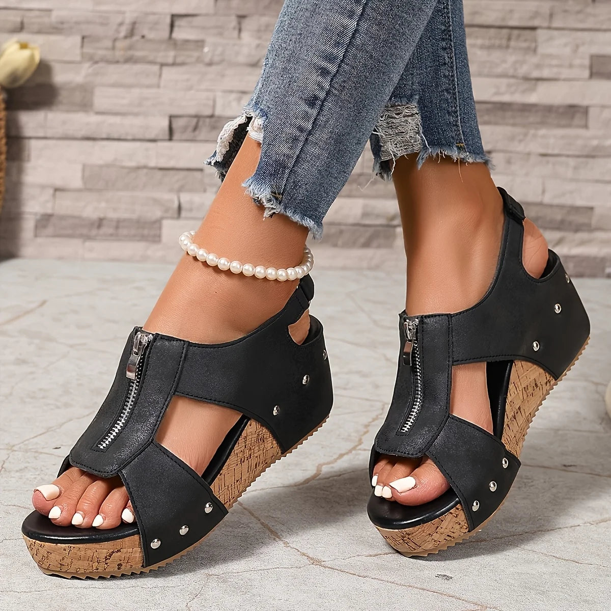 Women’s Wedge Sandals Front Zipper Cutout Open Toe Ankle Strap Cork Platform Summer Shoes
