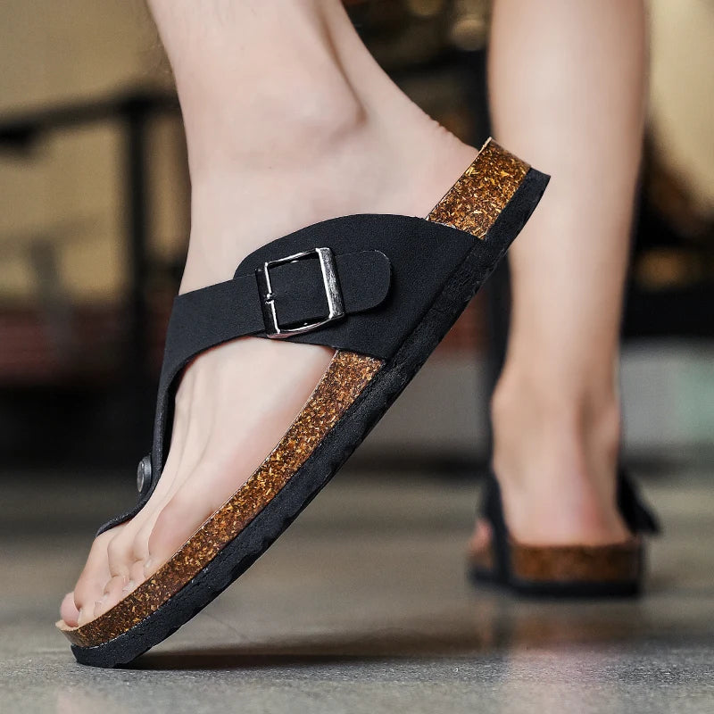 Men's Cork Footbed Thong Sandals with Buckle Strap Casual Summer Beach Slides