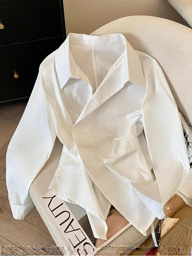 Women's White Irregular Polo Shirt Long Sleeve Elegant Casual Blouse