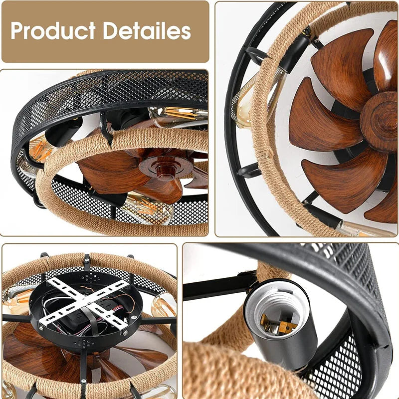 Lantern Style Ceiling Fan Light with Remote Control, Silent Invisible Fan for Bedroom