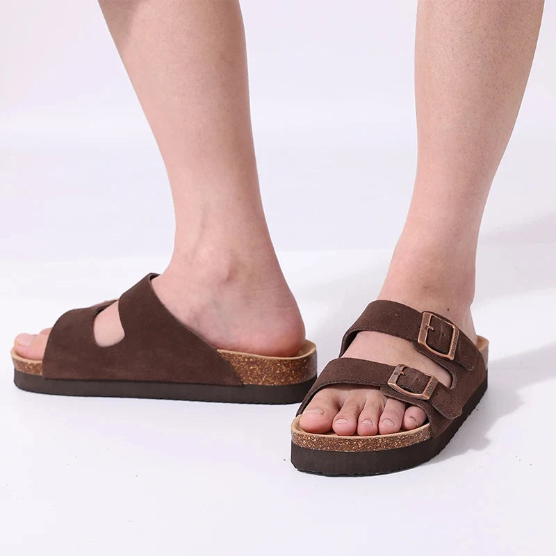 Unisex Brown Suede Cork Sandals, Double Buckle Flat Slides, Casual Summer Shoes