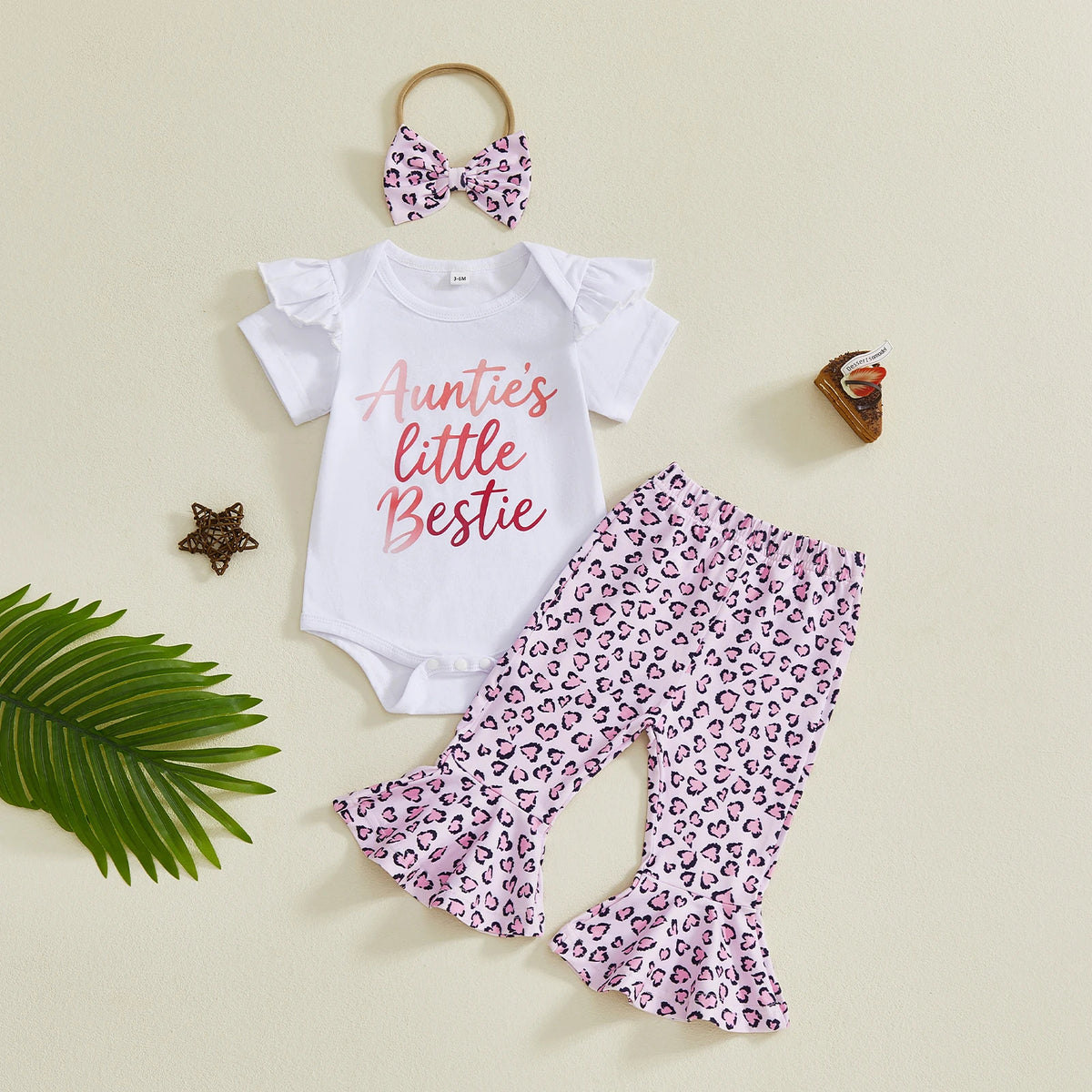 Baby Girl Leopard Outfit Set, Letter Romper, Flare Pants & Bow Headband