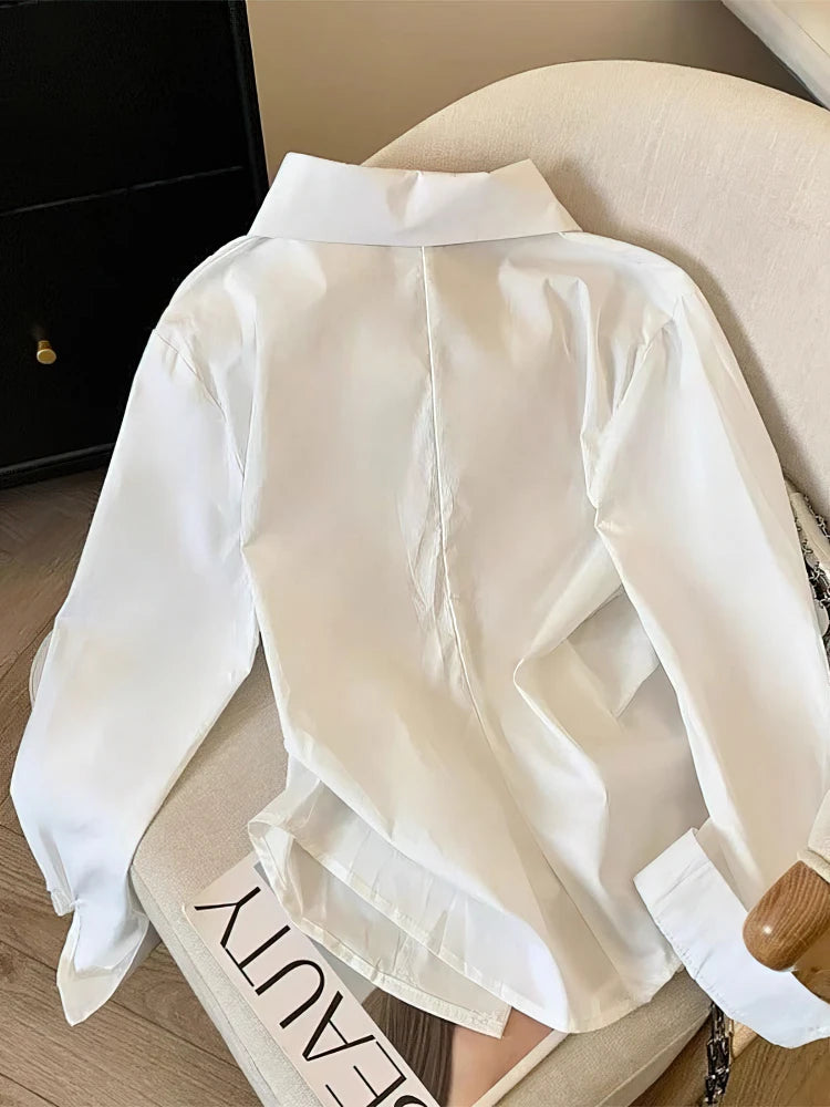 Women's White Irregular Polo Shirt Long Sleeve Elegant Casual Blouse