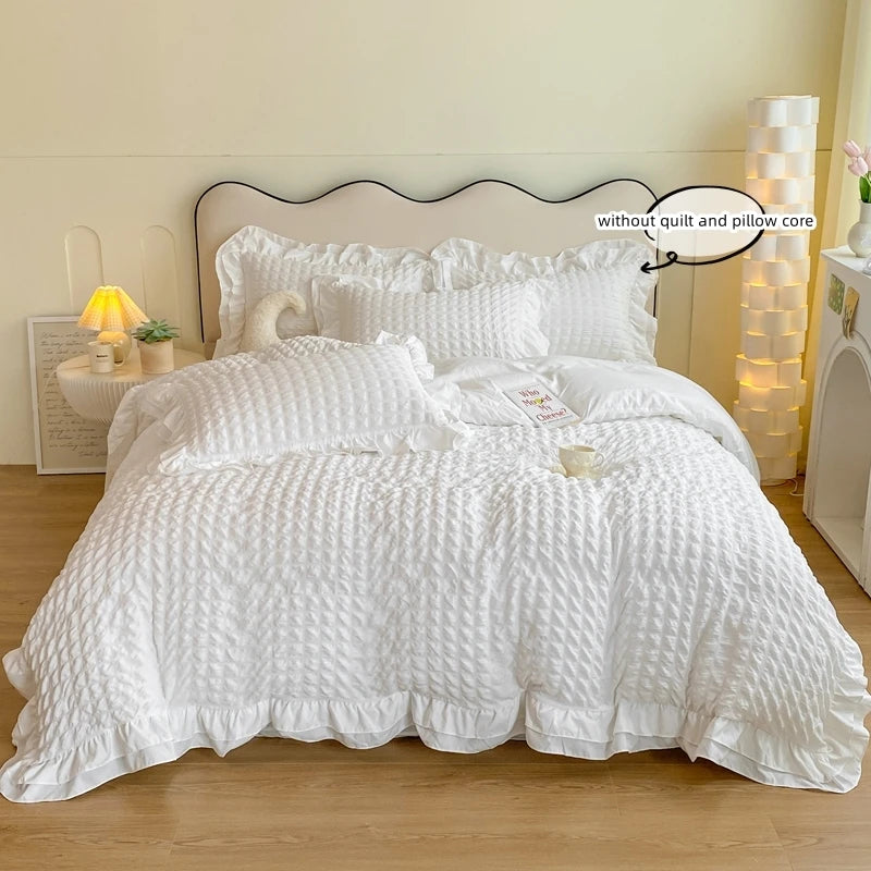 Lace Seersucker Duvet Cover Set with 2 Pillowcases Soft Bedding Set for Bedroom