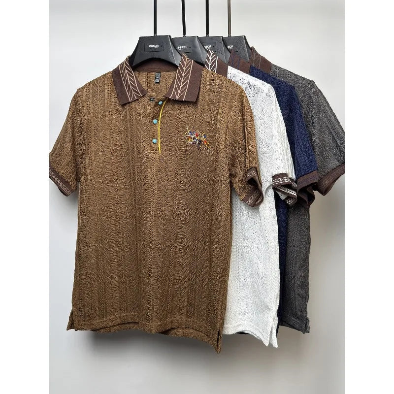 Men's Luxury Jacquard Knit Polo Shirt Short Sleeve Embroidered Lapel Summer Top
