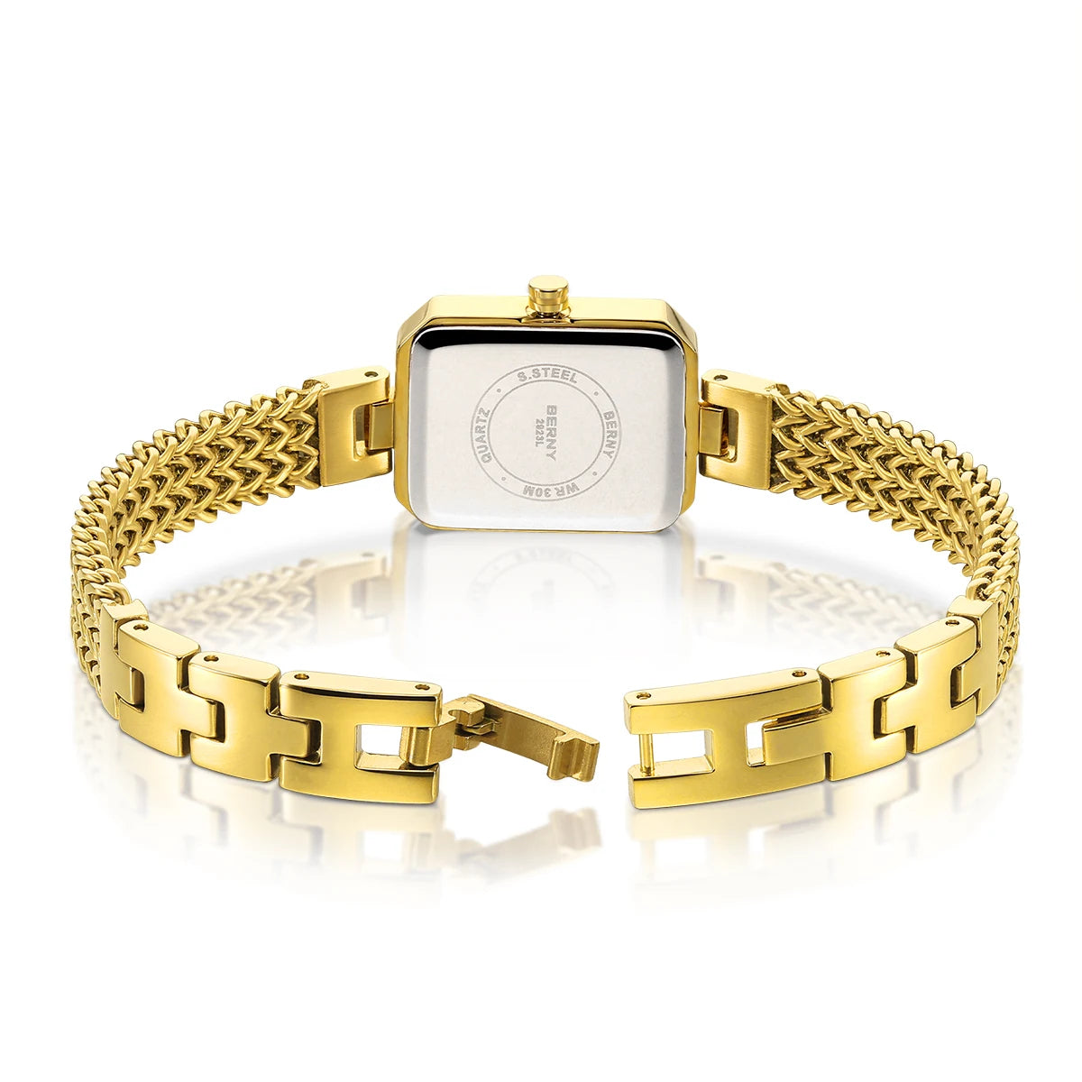 Women’s Gold Rectangle Quartz Watch & Bracelet Set with Multicolor Stones