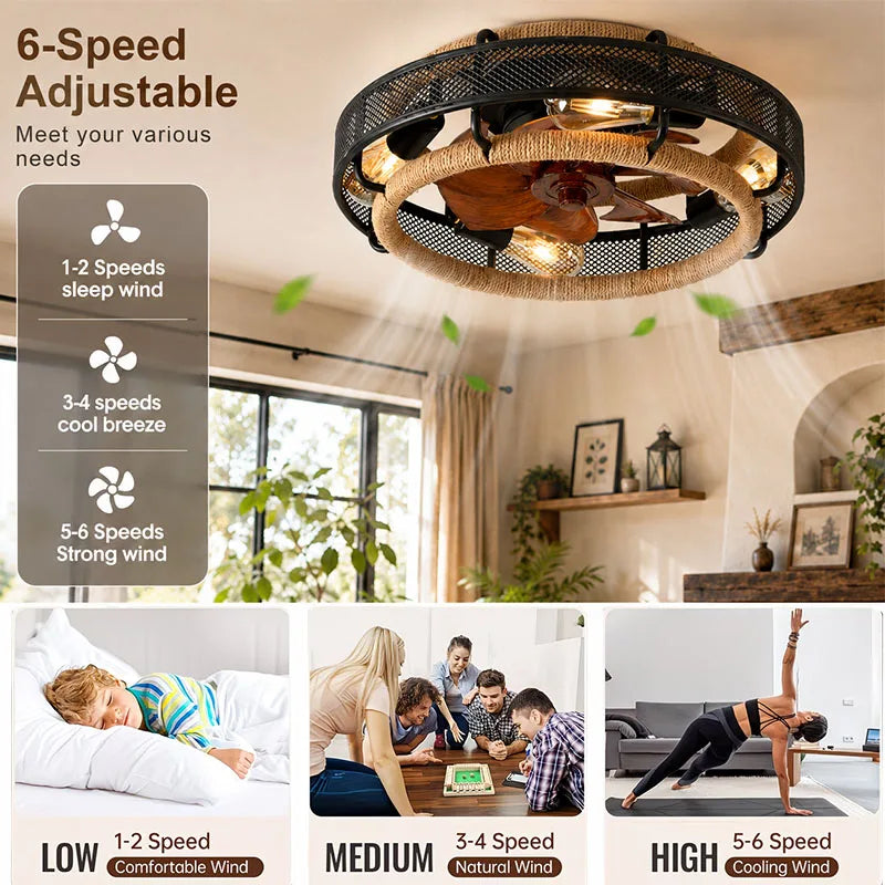 Lantern Style Ceiling Fan Light with Remote Control, Silent Invisible Fan for Bedroom