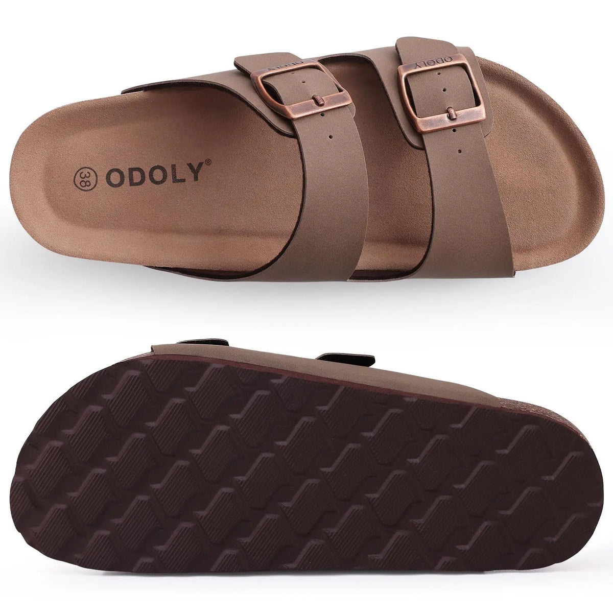 Unisex Brown Suede Cork Sandals, Double Buckle Flat Slides, Casual Summer Shoes