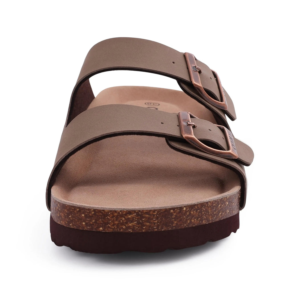 Unisex Brown Suede Cork Sandals, Double Buckle Flat Slides, Casual Summer Shoes