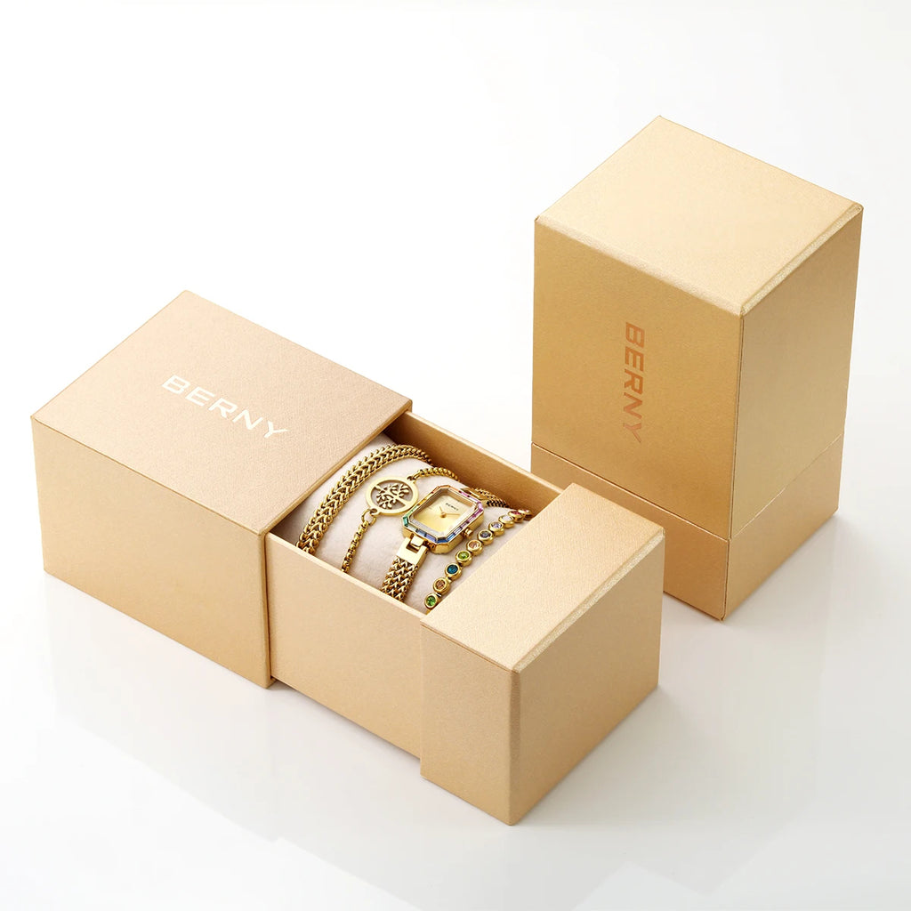 Women’s Gold Rectangle Quartz Watch & Bracelet Set with Multicolor Stones