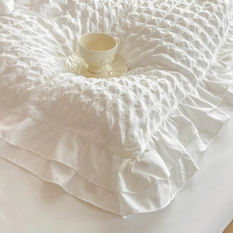 Lace Seersucker Duvet Cover Set with 2 Pillowcases Soft Bedding Set for Bedroom
