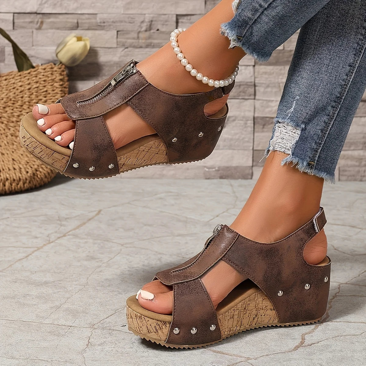 Women’s Wedge Sandals Front Zipper Cutout Open Toe Ankle Strap Cork Platform Summer Shoes