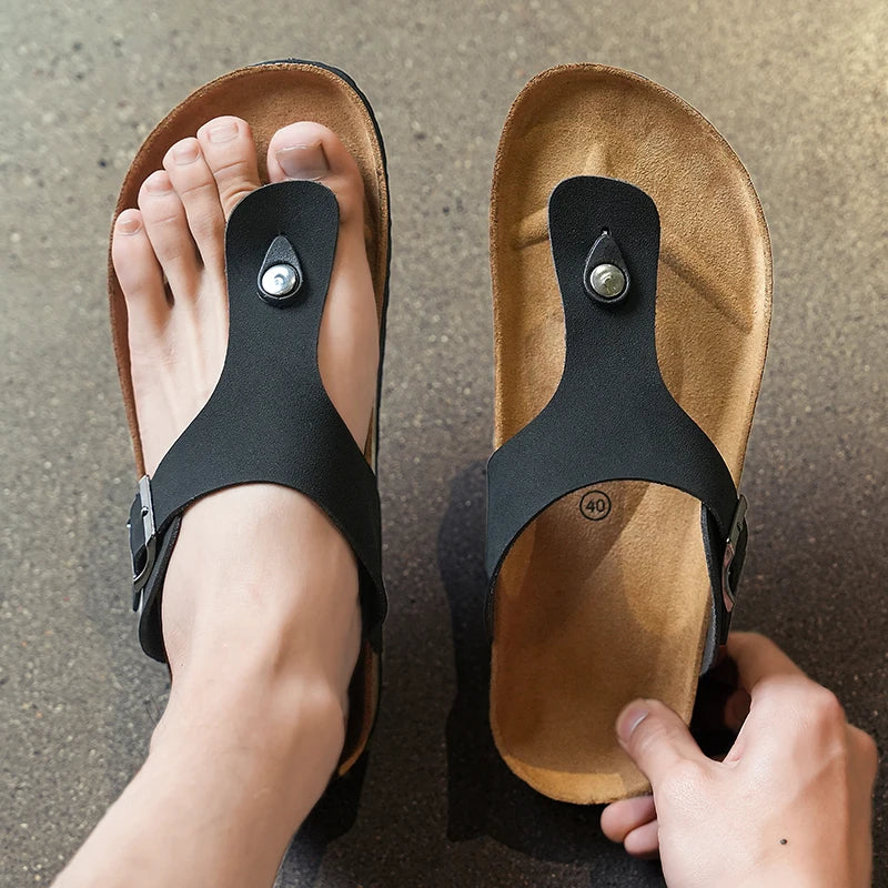Men's Cork Footbed Thong Sandals with Buckle Strap Casual Summer Beach Slides