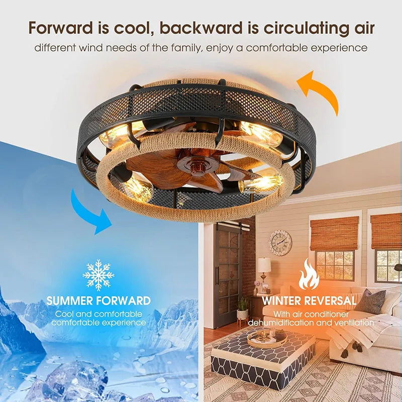 Lantern Style Ceiling Fan Light with Remote Control, Silent Invisible Fan for Bedroom