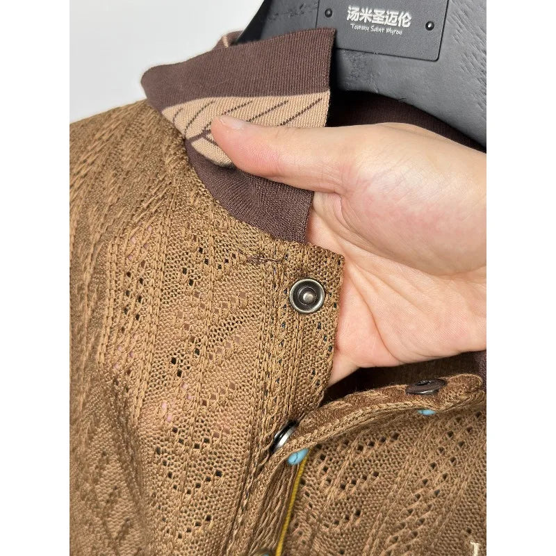 Men's Luxury Jacquard Knit Polo Shirt Short Sleeve Embroidered Lapel Summer Top