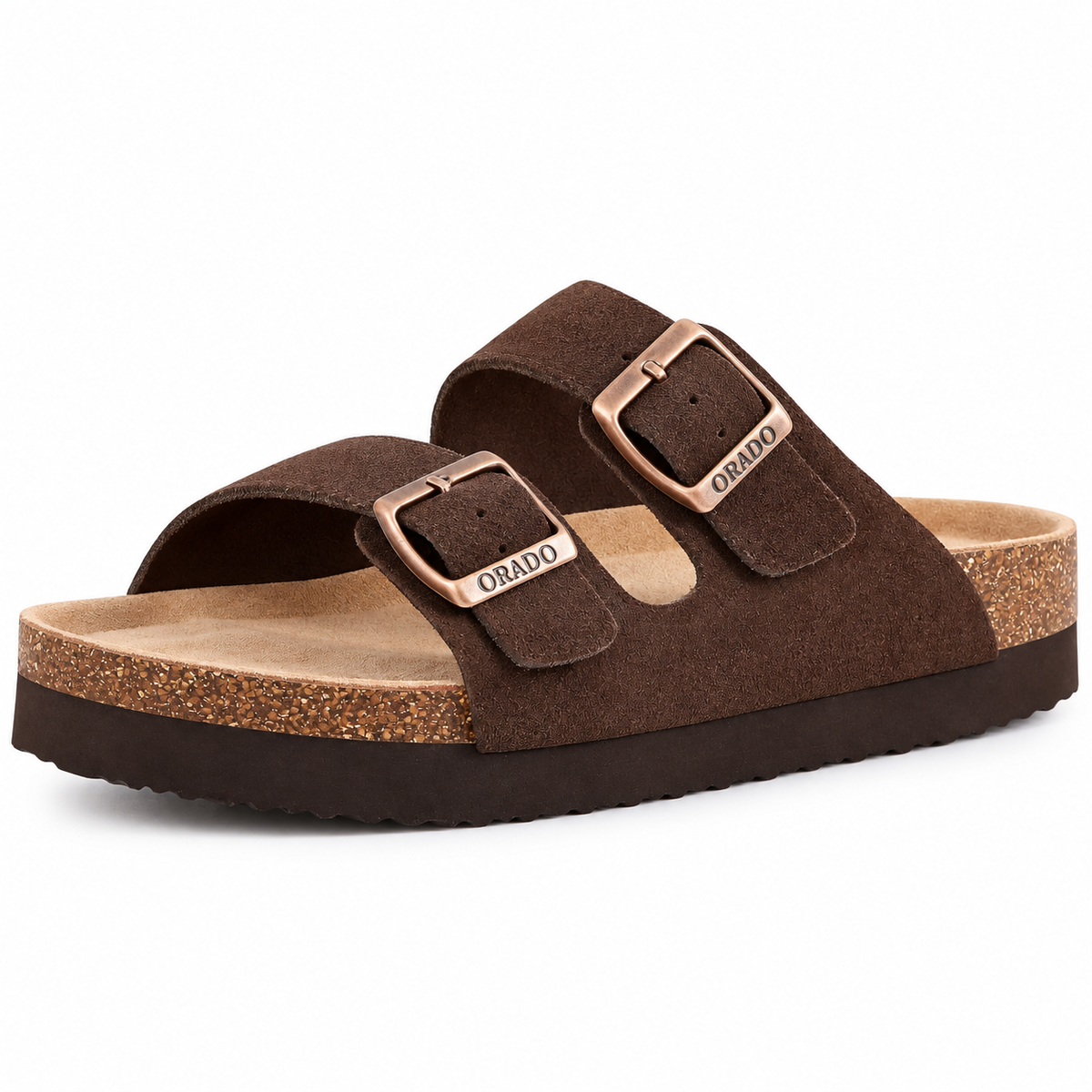 Unisex Brown Suede Cork Sandals, Double Buckle Flat Slides, Casual Summer Shoes