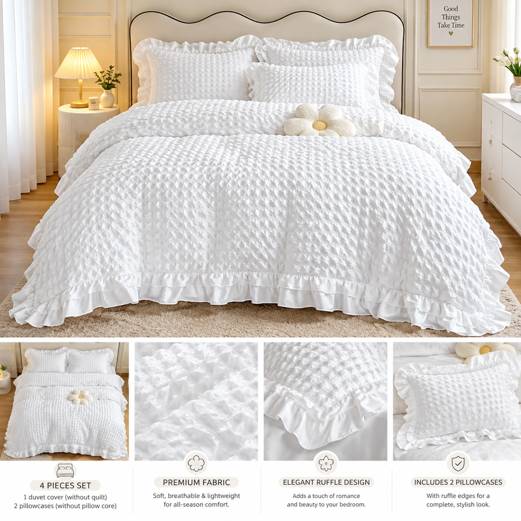 Lace Seersucker Duvet Cover Set with 2 Pillowcases Soft Bedding Set for Bedroom